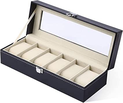 Ohuhu Watch Box, 6 Slot Watch Holder with Glass Lid, PU Leather Watch Case Watch Box for Men and Women, Watch Display Storage Box as Gift for Valentines Day Birthday, Beige