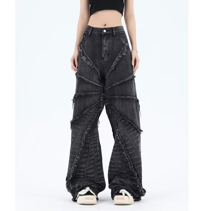 BAGGY JEANS American Style Retro Damage Feeling Spider Web Raw Hem Jeans Men's European and American Style Fried Street Loose Trousers