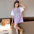 Summer Girls T T-shirt Skirt Mid-Length Korean Style False Two-Piece Basketball Wear Loose Fried Street Girls Sports Dress.