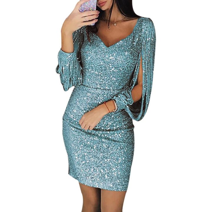 Women%20Dresses%20Europe%20and%20The%20United%20States%20New%20Women's%20V-neck%20Nightclub%20Party%20Fringe%20Bag%20Hip%20Dress%20-%20Image%203
