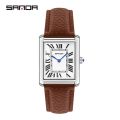 Sanda 1108 2023 Rectangular Couple Watch Silver Case Watch Luxury Brand Fashion Leather Strap Quartz Clock Zegarek damski. 