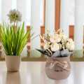 Artificial Flowers Bouquet Ceramic Vase Silk Rose Flower Potted Home Desktop Decoration Ornament White. 