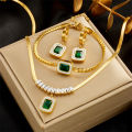 316L Stainless Steel Luxury Non-fading Square Green Crystal Zircon Pendant Necklace Earrings Jewelry Set For Women Gifts. 