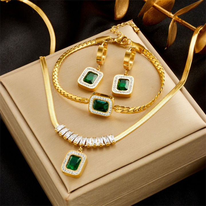 316L Stainless Steel Luxury Non-fading Square Green Crystal Zircon Pendant Necklace Earrings Jewelry Set For Women Gifts