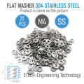 M4 Flat Washer, 304 Stainless Steel, 4mm Plain Finish for Bolt and Screw. 