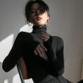 Large Size Women's Turtleneck Bottoming Shirt Winter All-Matching Students plus Velvet Thickened Black Heap Collar Long Sleeves ins Top.
