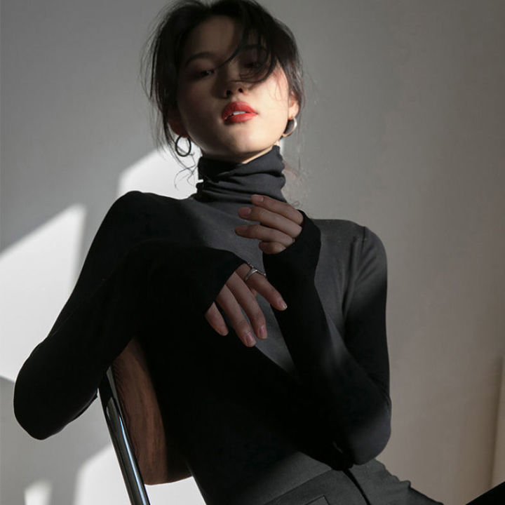 Large Size Women's Turtleneck Bottoming Shirt Winter All-Matching Students plus Velvet Thickened Black Heap Collar Long Sleeves ins Top