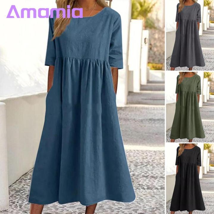 Amamia Casual Dress Pockets Women Pleated Flowy Hem Solid Midi Dress