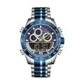 NAVIFORCE NF9188 Men's Stainless Steel Luxury Fashionable Classic Dual Time Wrist Watch For Men-Silver and Royal Blue. 