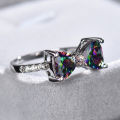 LI Women Rainbow Bowknot Ring With Crystal Stone Colorful Zircon Topaz Engagement Wedding Ring.