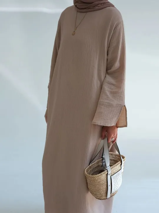 Dubai%20Causal%20Comfortable%20Abaya%20For%20Women%20100%25%20Cotton%20Saudi%20Turkish%20Clothing%20Solid%20Fashion%20Split%20Sleeve%20Muslim%20Dress%20With%20Pockets%20-%20Image%203