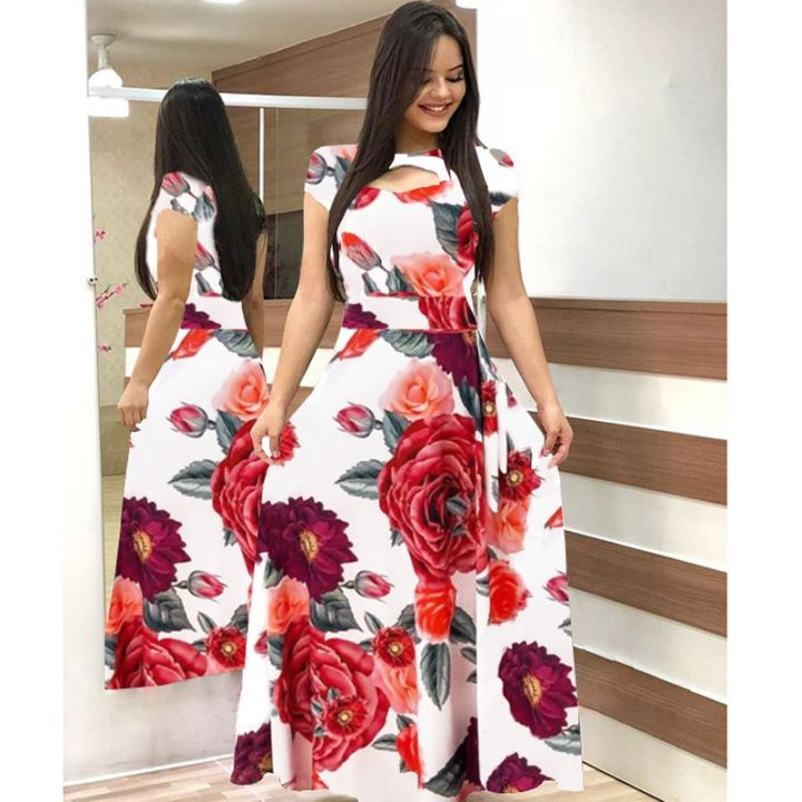 Women%20Short%20Sleeve%20Hollow%20Out%20O-neck%20Long%20Dress%20Summer%20Elegant%20Floral%20Printed%20High%20Waist%20Elastic%20Elegant%20Boho%20Robe%20Maxi%20Vestidos%20-%20Image%207