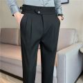 British Style Autumn New High Waist Trousers Men Belt Design Slim Fit Suit Pants Office Social Wedding Party Formal Pants Hommes.