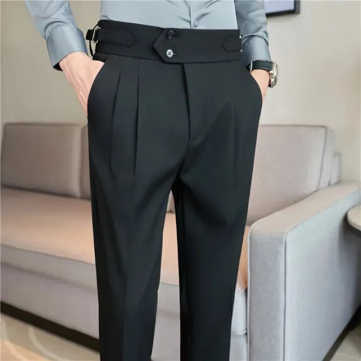 British%20Style%20Autumn%20New%20High%20Waist%20Trousers%20Men%20Belt%20Design%20Slim%20Fit%20Suit%20Pants%20Office%20Social%20Wedding%20Party%20Formal%20Pants%20Hommes%20-%20Image%204