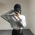 Spring and Autumn New Cardigan Cropped Top Korean Version Hooded Sweatshirt Women's Thin Solid Color Student Zipper Small Jacket Looks Thin.