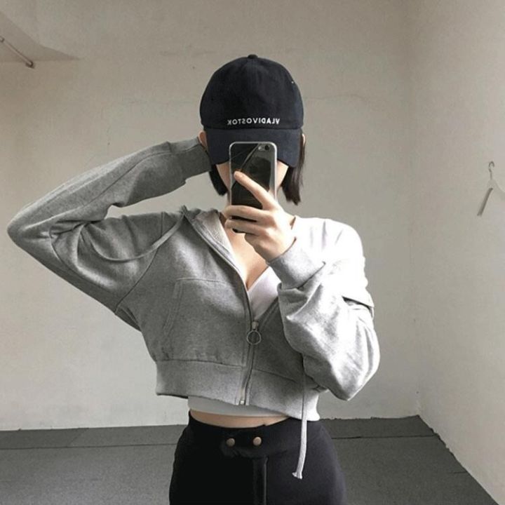 Spring and Autumn New Cardigan Cropped Top Korean Version Hooded Sweatshirt Women's Thin Solid Color Student Zipper Small Jacket Looks Thin