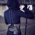 Women's Black Crop Top Short Hoodie Ladies Gothic Punk Halter Mesh Hooded Sweatshirt Coat Halloween Cosplay Tops. 