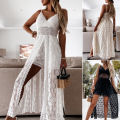 Maxi Dress Hollow Out Pure Color V Neck Jumpsuit Dress.
