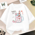 Strawberry Juice Graphic Print T-shirt Girls Aesthetic Pink Tops Tee 2023 Summer New Fashion Kids T Shirt.