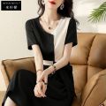 Women's Summer Dress 2024 New Patchwork High-End Temperament High-Grade Satin Lace-up Slimming Midi Dress. 