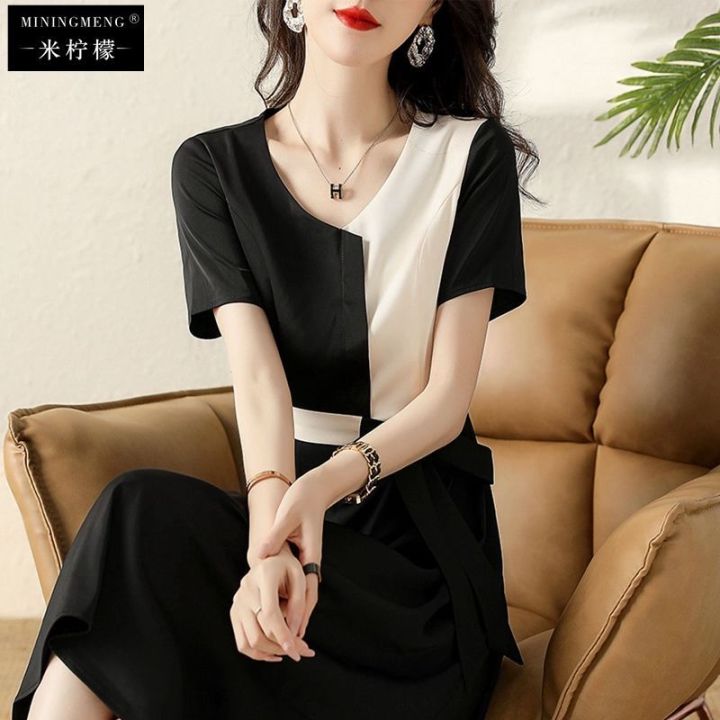 Women's%20Summer%20Dress%202024%20New%20Patchwork%20High-End%20Temperament%20High-Grade%20Satin%20Lace-up%20Slimming%20Midi%20Dress%20-%20Image%203