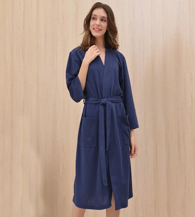 Ladies%20Waffle%20Cotton%20Bathrobe%20Kimono%20Robe%20Knee%20Length%20for%20Winter%20and%20Summer%20-%20Image%204