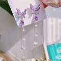 Korean Fashion Purple Crystal Butterfly Drop Earring for Women  Tassel Chain Rhinestone Earring Jewelry. 