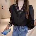 PLAZSON Summer Women Blouse Lace Patchwork Chiffon White Shirt Long Sleeve Button Elegant Office Lady Tops Korean Style Clothes.