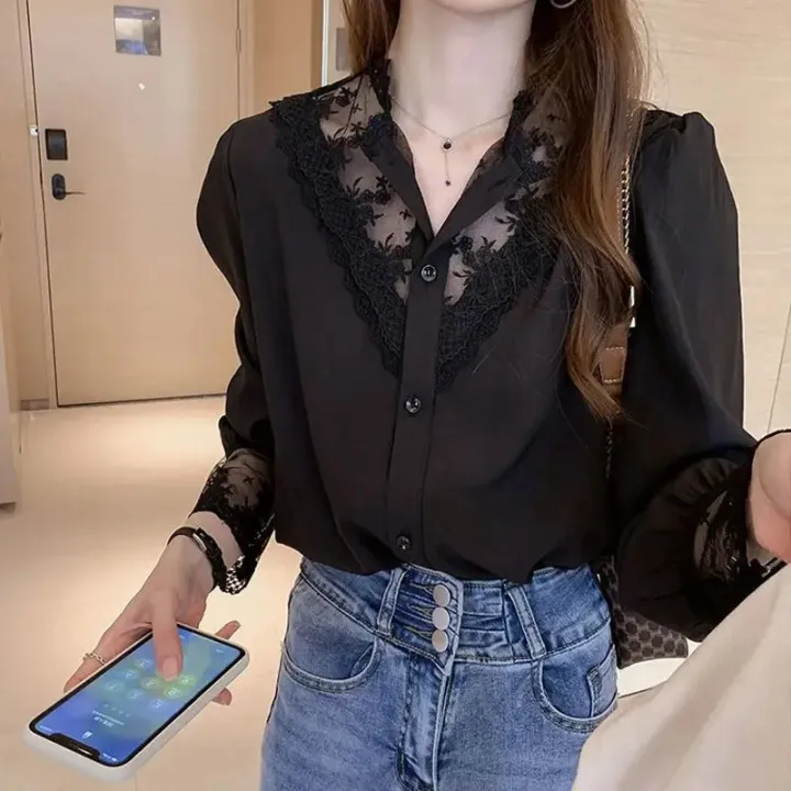 PLAZSON%20Summer%20Women%20Blouse%20Lace%20Patchwork%20Chiffon%20White%20Shirt%20Long%20Sleeve%20Button%20Elegant%20Office%20Lady%20Tops%20Korean%20Style%20Clothes%20-%20Image%203