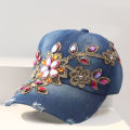 Women Baseball Hat Comfortable Women Rhinestone Flower Denim Hat. 