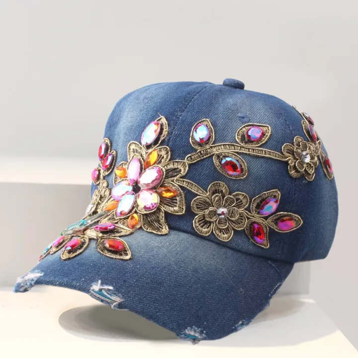 Women%20Baseball%20Hat%20Comfortable%20Women%20Rhinestone%20Flower%20Denim%20Hat%20-%20Image%207