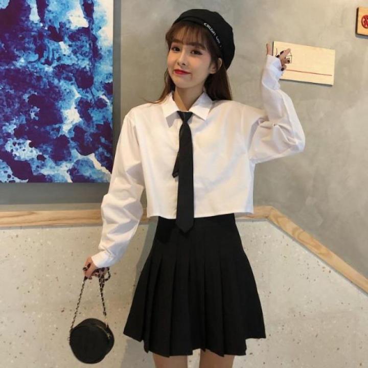 Korean%20Fashion%20White%20Shirt%20Woman%202023%20Cute%20Crop%20Top%20Preppy%20Button%20up%20Shirts%20Oversize%20With%20Tie%20Long/Short%20Sleeve%20-%20Image%205