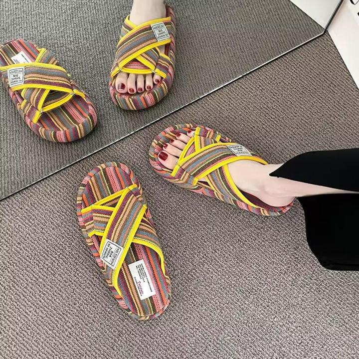 【Wenlu Deer Pet Pink】Fashion Ethnic Style Slippers Women2023New Spring and Summer Outer Wear Flat Breathable Shoes
