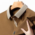 Korean Handsome New 2024 Summer Ice Silk Polo Shirt Loose Breathable Short Sleeved Thin Polo Striped Casual Tops Men's Clothing.