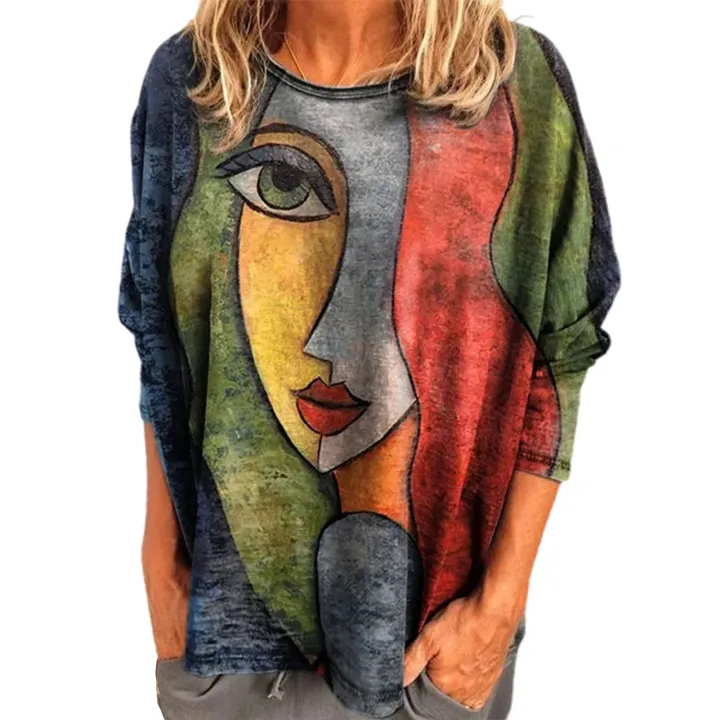 Women%20Blouse%20Round%20Neck%20Abstract%20Face%20Print%20Long%20Sleeve%20Blouse%20-%20Image%205