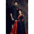 Dhupiyan Silk Saree & Panjabi With Black and Red Combination Couple Set -Perfect Harmony of Style - Appeal for All Seasons. 