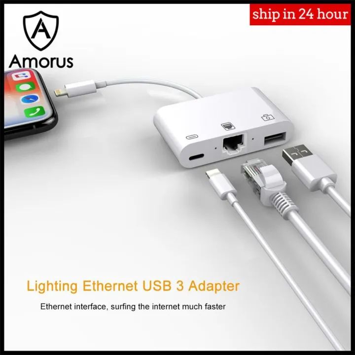 【ETOP】 3-in-1 Lightning to Lightning + USB 3.0 + RJ45 Ethernet LAN Port OTG Adapter for iPhone iPad
