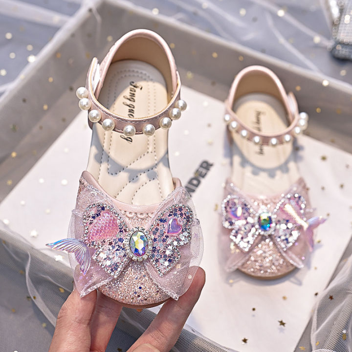 Girls sandals soft sole summer 2024 new children's bow medium and big children's baotou little girl crystal princess shoes