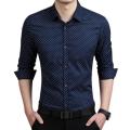 Navy Blue Cotton Long Sleeve Polka Dot Shirt for Men.
