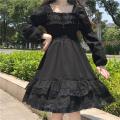 Japanese Harajuku Summer Women Black Mini Dress Square Collar High Waist Puff Sleeve Dress Gothic Lace Ruffles Cosplay Dresses. 