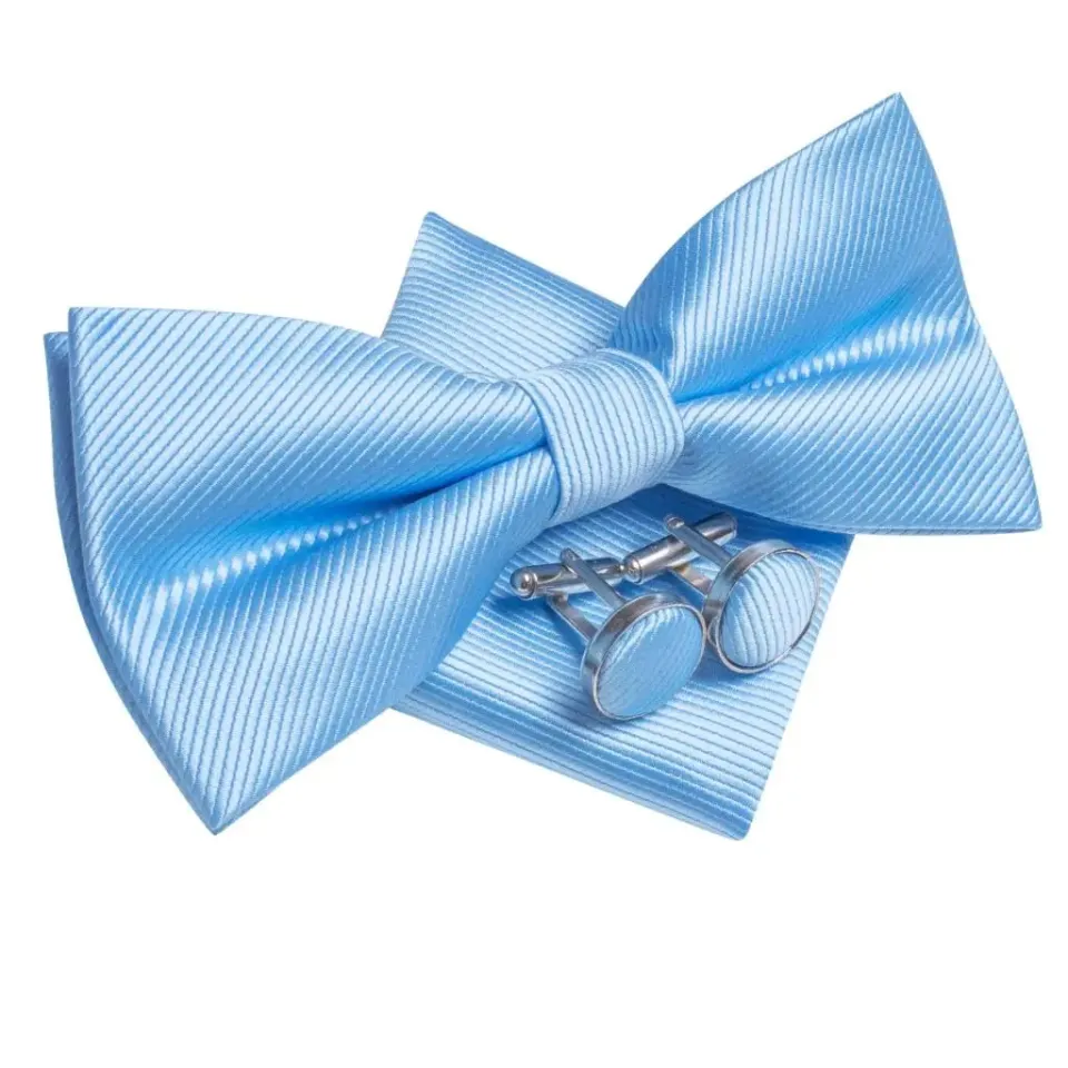 New）Hi-Tie Navy Royal ky Blue ilk Men Bow Tie Hankerchief