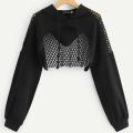 Women Mesh Split See Through Crop Top Hoodie Sweatshirt Long Sleeve Pullover.