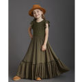 GC Girls Short Sleeve Lace Applique Dresses Casual Zipper Solid Color Long Skirts Summer Maxi Dress For Ceremony.