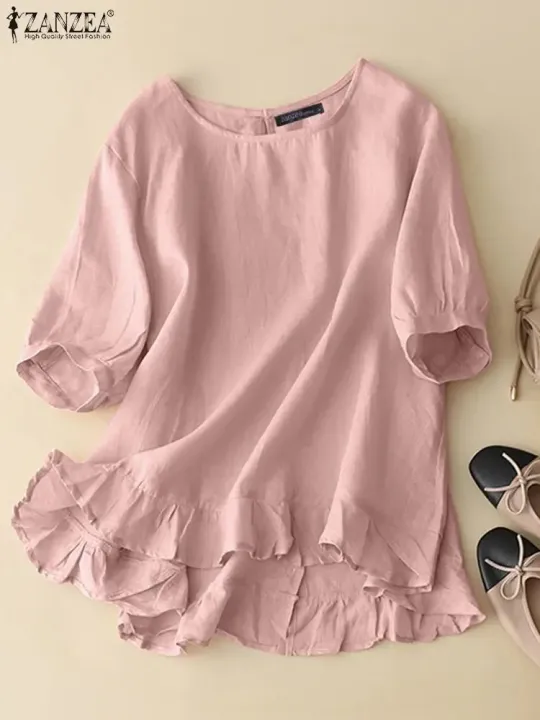 Woman%20Vintage%20Solid%20Blouse%20Femme%20Half%20Sleeve%20O-Neck%20Shirt%20Elegant%20Casual%20Tunic%20Tops%20Blusas%20-%20Image%202