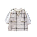 DSstyles Baby Girls Dress Set Casual Long Puff Sleeves T-shirt Plaid Knitted Tank Dress With Pearl Button Trim Outfit For Kids Toddler Girls Gifts.