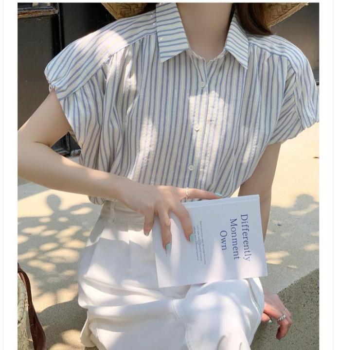 French Style Blue and White Vertical Stripes Shoulder Short Sleeve Shirt Women's Summer Shirt Cardigan Outer Wear Small Flying Sleeve Top Summer