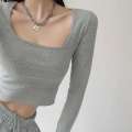 Square neck long sleeved T shirt for women wearing spicy girl style exposed collarbone short and slim fit bottom shirt with versatile ins top inside. 