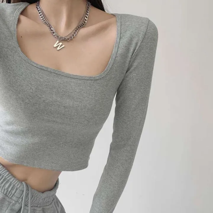 Square%20neck%20long%20sleeved%20T%20shirt%20for%20women%20wearing%20spicy%20girl%20style%20exposed%20collarbone%20short%20and%20slim%20fit%20bottom%20shirt%20with%20versatile%20ins%20top%20inside%20-%20Image%204