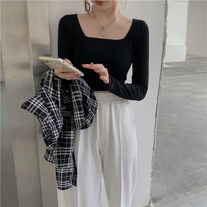 Early%20Autumn%20Hot%20Girl%20Square%20Collar%20Short%20Top%20for%20Women%202024%20New%20Korean%20Style%20Fitted%20Bottoming%20Bottoming%20Shirt%20Long%20Sleeve%20T%20T-shirt%20Women's%20Fashion%20-%20Image%204