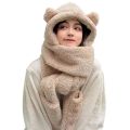 3 in 1 Winter Hat Fashionable Women's Winter Plush Hat Set Cute Bear Ear Shape 3-in-1 Scarf Gloves Neck Warmer Solid Color Warm. 